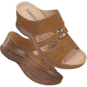 TEMOFON Sandals for Women Summer Wedge: Soft Hollow Out Dressy Slides Sandals, Rubber Sole, Comfortable Walking, Casual Slip on Platform Shoes(Brown)