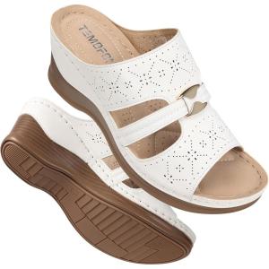 TEMOFON Sandals for Women Summer Wedge: Soft Hollow Out Dressy Slides Sandals, Rubber Sole, Comfortable Walking, Casual Slip on Platform Shoes(White)