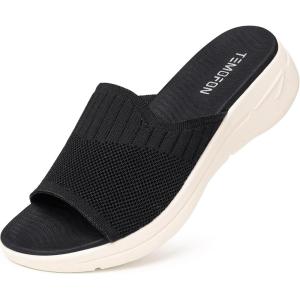 TEMOFON Slide Sandals for Women Lightweight: Wide Width Comfortable Slip on Arch Support Slides(Black-wide)
