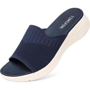 TEMOFON Slide Sandals for Women Lightweight: Wide Width Comfortable Slip on Arch Support Slides(Navy Blue-wide)