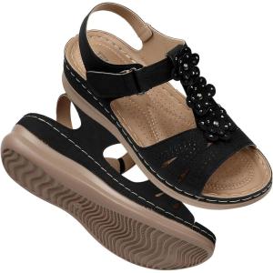 TEMOFON Wedge Sandals for Women Comfortable: Open Toe Sandals with Low Wedges – Dressy Summer Casual Sandals – Flat Comfy Walking Sandals(2-dt1068-black)