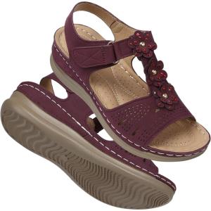 TEMOFON Wedge Sandals for Women Comfortable: Open Toe Sandals with Low Wedges – Dressy Summer Casual Sandals – Flat Comfy Walking Sandals(2-dt1068-winered)
