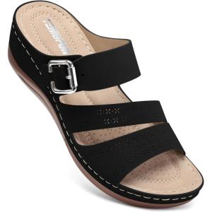 TEMOFON Wedge Sandals for Women Comfortable: Slip On Sandals Women Dressy Summer Flat Sandals Size 5-11(75-black)