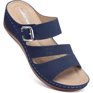TEMOFON Wedge Sandals for Women Comfortable: Slip On Sandals Women Dressy Summer Flat Sandals Size 5-11(75-blue)
