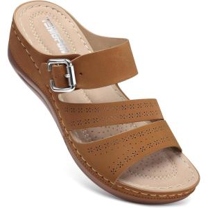 TEMOFON Wedge Sandals for Women Comfortable: Slip On Sandals Women Dressy Summer Flat Sandals Size 5-11(75-brown)