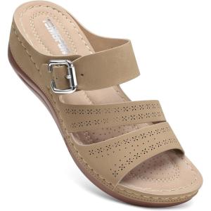 TEMOFON Wedge Sandals for Women Comfortable: Slip On Sandals Women Dressy Summer Flat Sandals Size 5-11(75-khaki)