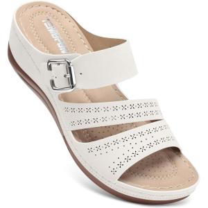 TEMOFON Wedge Sandals for Women Comfortable: Slip On Sandals Women Dressy Summer Flat Sandals Size 5-11(75-white)