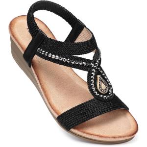 TEMOFON Wedge Sandals for Women Dressy: Low Wedge Sandals Women Comfortable Dressy Walking – Summer Casual Elastic Strappy Open Toe Rhinestone Shoes(1609-black)