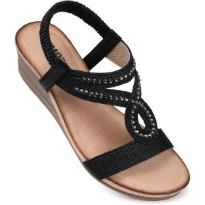 TEMOFON Wedge Sandals for Women Dressy: Low Wedge Sandals Women Comfortable Dressy Walking – Summer Casual Elastic Strappy Open Toe Rhinestone Shoes(50-black)