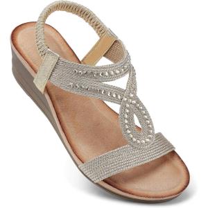 TEMOFON Wedge Sandals for Women Dressy: Low Wedge Sandals Women Comfortable Dressy Walking – Summer Casual Elastic Strappy Open Toe Rhinestone Shoes(50-brownness)