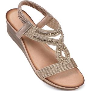 TEMOFON Wedge Sandals for Women Dressy: Low Wedge Sandals Women Comfortable Dressy Walking – Summer Casual Elastic Strappy Open Toe Rhinestone Shoes(50-champagne)