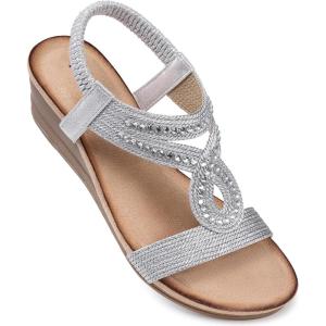 TEMOFON Wedge Sandals for Women Dressy: Low Wedge Sandals Women Comfortable Dressy Walking – Summer Casual Elastic Strappy Open Toe Rhinestone Shoes(50-silver)