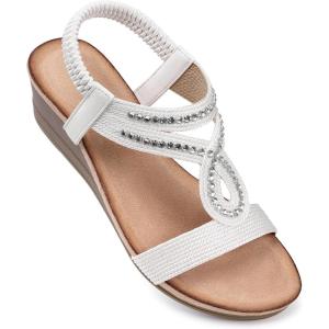 TEMOFON Wedge Sandals for Women Dressy: Low Wedge Sandals Women Comfortable Dressy Walking – Summer Casual Elastic Strappy Open Toe Rhinestone Shoes(50-white)