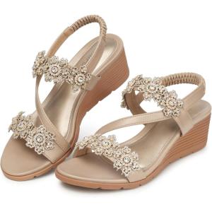TEMOFON Wedge Sandals for Women Dressy: Summer Open Toe Elastic Ankle Strap – Comfortable Bohemian Low Wedge Sandals(1805-beige)