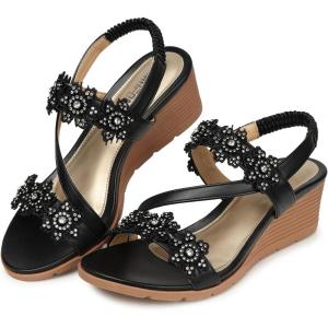 TEMOFON Wedge Sandals for Women Dressy: Summer Open Toe Elastic Ankle Strap – Comfortable Bohemian Low Wedge Sandals(1805-black)