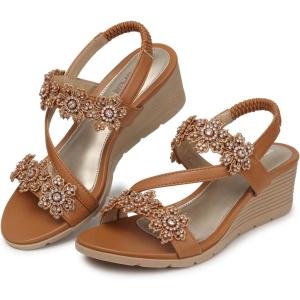 TEMOFON Wedge Sandals for Women Dressy: Summer Open Toe Elastic Ankle Strap – Comfortable Bohemian Low Wedge Sandals(1805-brown)