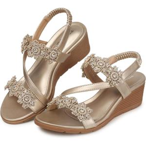 TEMOFON Wedge Sandals for Women Dressy: Summer Open Toe Elastic Ankle Strap – Comfortable Bohemian Low Wedge Sandals(1805-champagne)