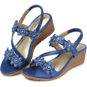 TEMOFON Wedge Sandals for Women Dressy: Summer Open Toe Elastic Ankle Strap – Comfortable Bohemian Low Wedge Sandals(1805-darkblue)