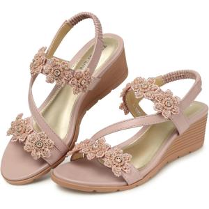 TEMOFON Wedge Sandals for Women Dressy: Summer Open Toe Elastic Ankle Strap – Comfortable Bohemian Low Wedge Sandals(1805-darkpink)