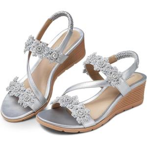 TEMOFON Wedge Sandals for Women Dressy: Summer Open Toe Elastic Ankle Strap – Comfortable Bohemian Low Wedge Sandals(1805-silver)
