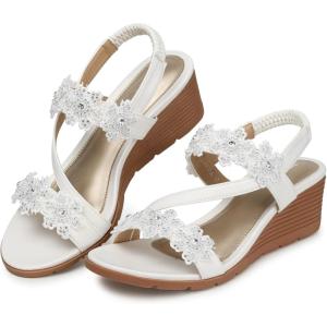 TEMOFON Wedge Sandals for Women Dressy: Summer Open Toe Elastic Ankle Strap – Comfortable Bohemian Low Wedge Sandals(1805-white)