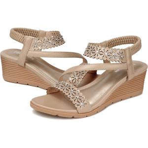 TEMOFON Wedge Sandals for Women Dressy: Summer Open Toe Elastic Ankle Strap – Comfortable Bohemian Low Wedge Sandals(2676-apricot)