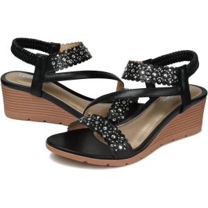 TEMOFON Wedge Sandals for Women Dressy: Summer Open Toe Elastic Ankle Strap – Comfortable Bohemian Low Wedge Sandals(2676-black)