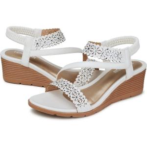 TEMOFON Wedge Sandals for Women Dressy: Summer Open Toe Elastic Ankle Strap – Comfortable Bohemian Low Wedge Sandals(2676-white)