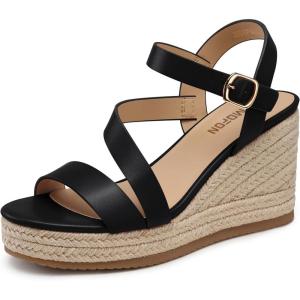 TEMOFON Wedge Sandals for Women Platform: Espadrille Ankle Strap Buckle Wedge – Comfortable Dressy Summer Womens Sandals(Pu-black)
