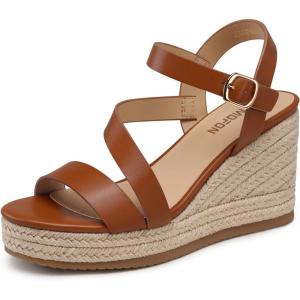 TEMOFON Wedge Sandals for Women Platform: Espadrille Ankle Strap Buckle Wedge – Comfortable Dressy Summer Womens Sandals(Pu-brown)