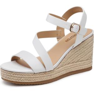 TEMOFON Wedge Sandals for Women Platform: Espadrille Ankle Strap Buckle Wedge – Comfortable Dressy Summer Womens Sandals(Pu-white)