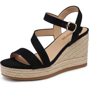 TEMOFON Wedge Sandals for Women Platform: Espadrille Ankle Strap Buckle Wedge – Comfortable Dressy Summer Womens Sandals(Suede-black)