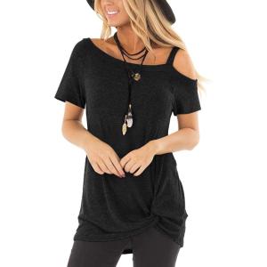 TEMOFON Women Cold Shoulder Tops: Summer Short Sleeve Shirts Casual Twist Knot Blouse T-Shirt S-2XL(152-black)