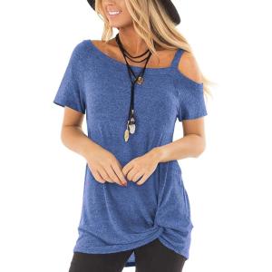 TEMOFON Women Cold Shoulder Tops: Summer Short Sleeve Shirts Casual Twist Knot Blouse T-Shirt S-2XL(152-blue)