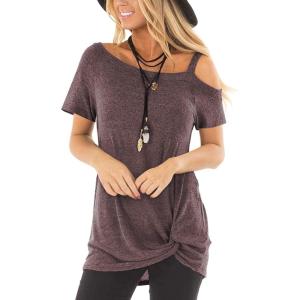 TEMOFON Women Cold Shoulder Tops: Summer Short Sleeve Shirts Casual Twist Knot Blouse T-Shirt S-2XL(152-coffee)