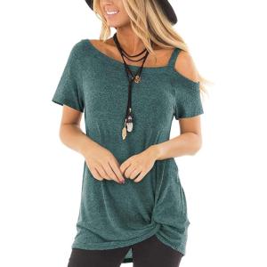 TEMOFON Women Cold Shoulder Tops: Summer Short Sleeve Shirts Casual Twist Knot Blouse T-Shirt S-2XL(152-green)