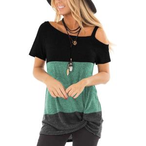 TEMOFON Women Cold Shoulder Tops: Summer Short Sleeve Shirts Casual Twist Knot Blouse T-Shirt S-2XL(152-green Block)