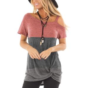 TEMOFON Women Cold Shoulder Tops: Summer Short Sleeve Shirts Casual Twist Knot Blouse T-Shirt S-2XL(152-grey Block)