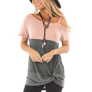TEMOFON Women Cold Shoulder Tops: Summer Short Sleeve Shirts Casual Twist Knot Blouse T-Shirt S-2XL(152-light Pink Block)