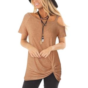TEMOFON Women Cold Shoulder Tops: Summer Short Sleeve Shirts Casual Twist Knot Blouse T-Shirt S-2XL(152-orange)