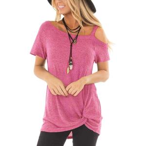 TEMOFON Women Cold Shoulder Tops: Summer Short Sleeve Shirts Casual Twist Knot Blouse T-Shirt S-2XL(152-pink)