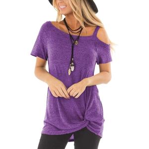 TEMOFON Women Cold Shoulder Tops: Summer Short Sleeve Shirts Casual Twist Knot Blouse T-Shirt S-2XL(152-purple)