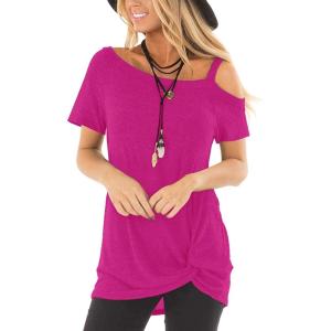 TEMOFON Women Cold Shoulder Tops: Summer Short Sleeve Shirts Casual Twist Knot Blouse T-Shirt S-2XL(152-rose Red)