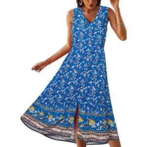 TEMOFON Women Dress Summer Sleeveless Bohemian: Floral V Neck Button Down Flowy Boho Dresses S-XL(3155-brihtblue)