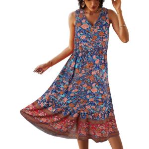 TEMOFON Women Dress Summer Sleeveless Bohemian: Floral V Neck Button Down Flowy Boho Dresses S-XL(3155-floral Blue)