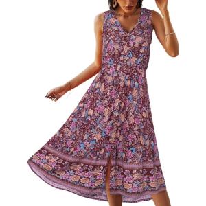 TEMOFON Women Dress Summer Sleeveless Bohemian: Floral V Neck Button Down Flowy Boho Dresses S-XL(3155-flowerpurple)