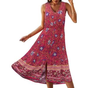TEMOFON Women Dress Summer Sleeveless Bohemian: Floral V Neck Button Down Flowy Boho Dresses S-XL(3155-flowerred)