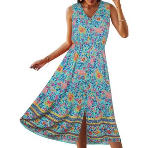 TEMOFON Women Dress Summer Sleeveless Bohemian: Floral V Neck Button Down Flowy Boho Dresses S-XL(3155-green)