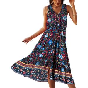 TEMOFON Women Dress Summer Sleeveless Bohemian: Floral V Neck Button Down Flowy Boho Dresses S-XL(3155-navy Blue 2)