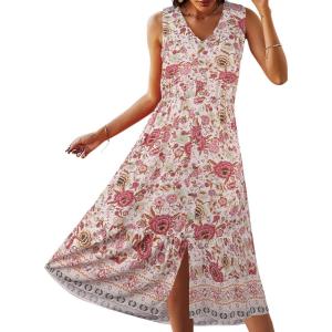 TEMOFON Women Dress Summer Sleeveless Bohemian: Floral V Neck Button Down Flowy Boho Dresses S-XL(3155-white 2)
